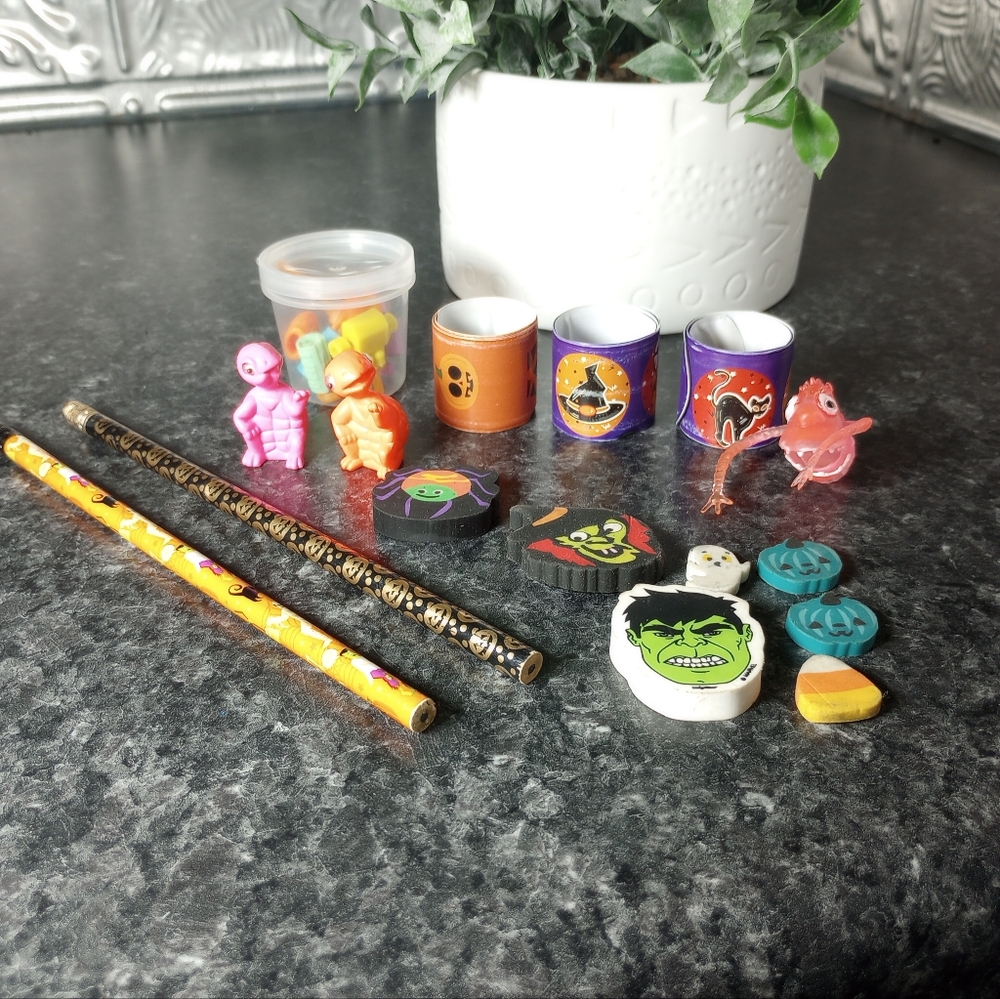 90s Halloween Goodie Bag Treasure Chest Prize Lot Slap Bracelets Pencils Erasers